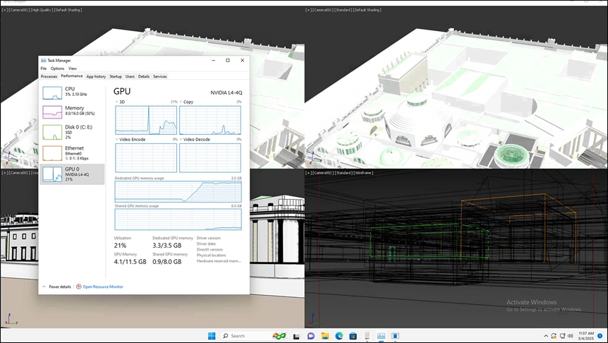3dsmax viewset running on Windows 11virtual machine with 4vCPUs, 16 GB of memory and NVIDIA L4-4Q vGPU