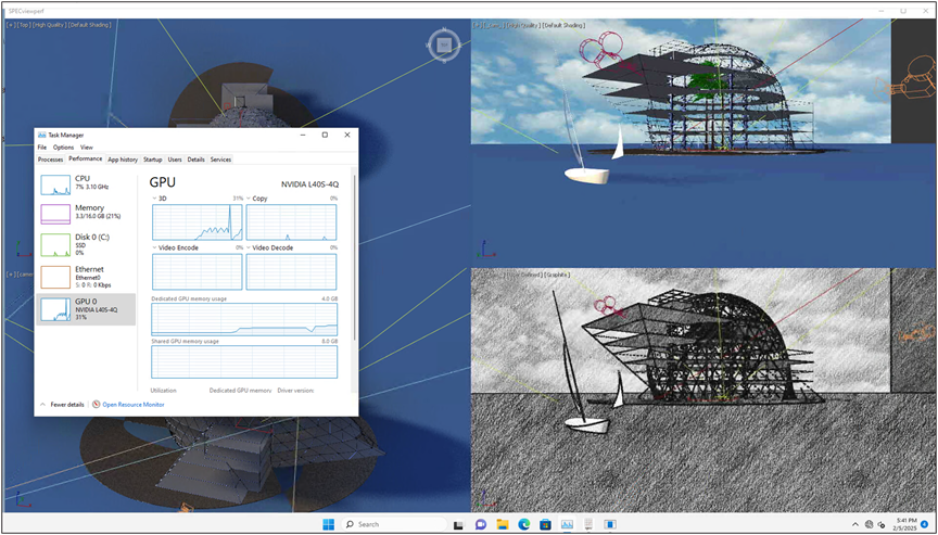 3dsmax viewset running on Windows 11virtual machine with 4vCPUs, 16 GB of memory and NVIDIA L40-4Q vGPU profile