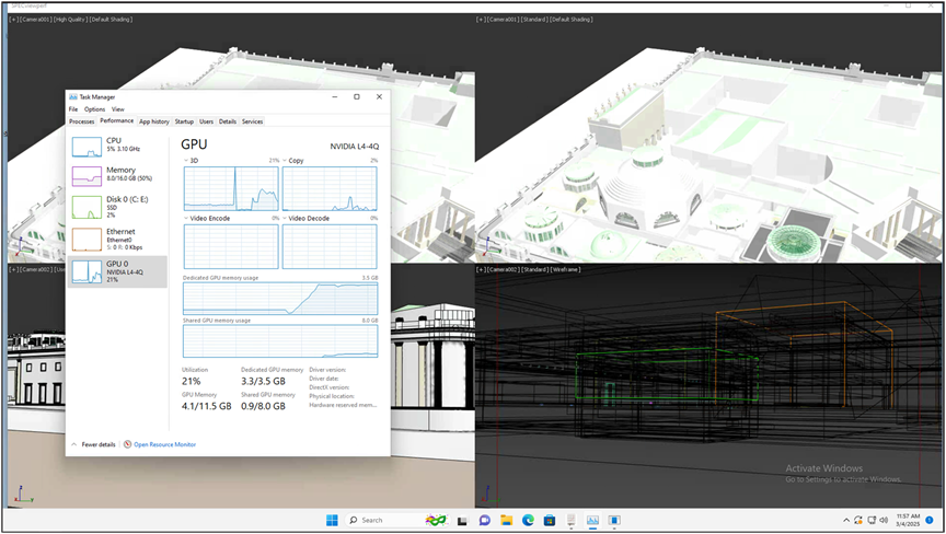 3dsmax viewset running on Windows 11virtual machine with 4vCPUs, 16 GB of memory and NVIDIA L4-4Q vGPU profile