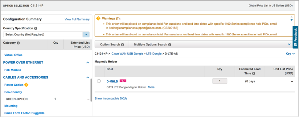 CCW WAN USB dongle and WAN dongle accessory ordering for C1101-4PLTEP_B