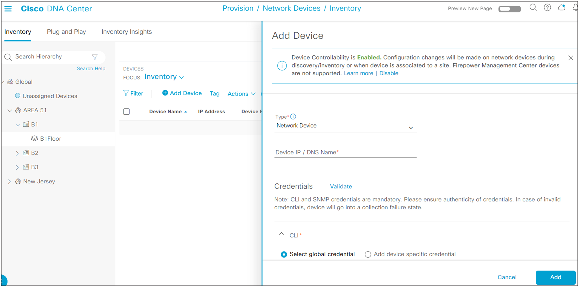 Cisco Catalyst Center inventory form