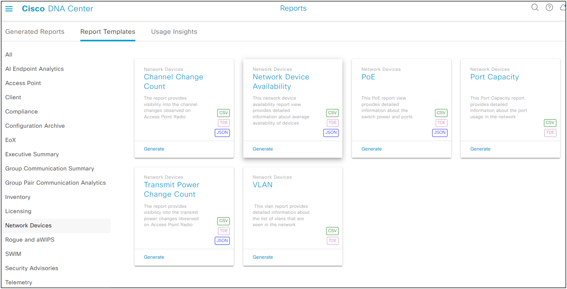 Cisco Catalyst Center report templates menu