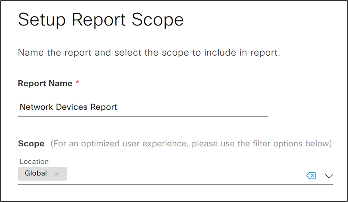 Cisco Catalyst Center setup report scope form