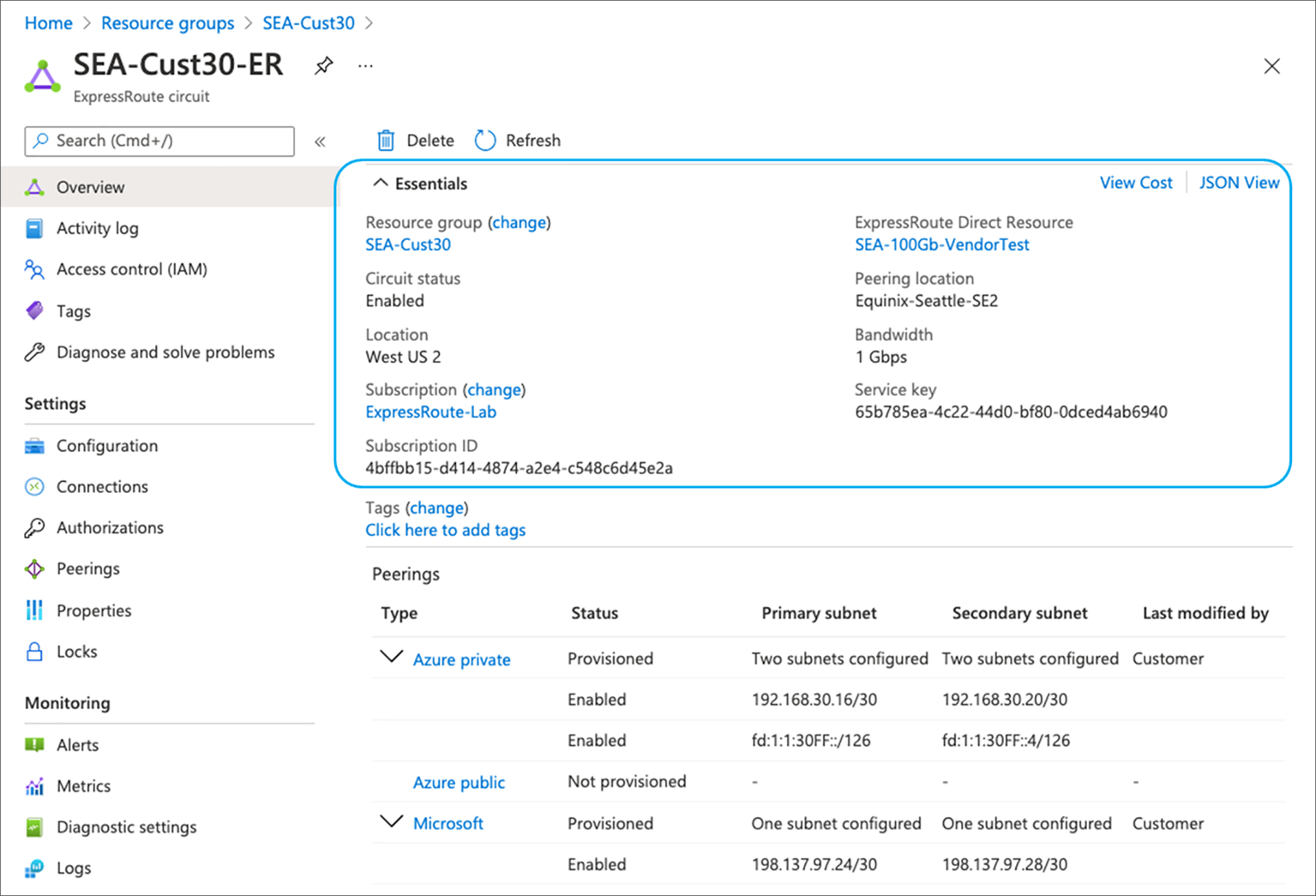 Verify ExpressRoute Circuit Status in Azure Portal Snapshot (ER Direct Model)