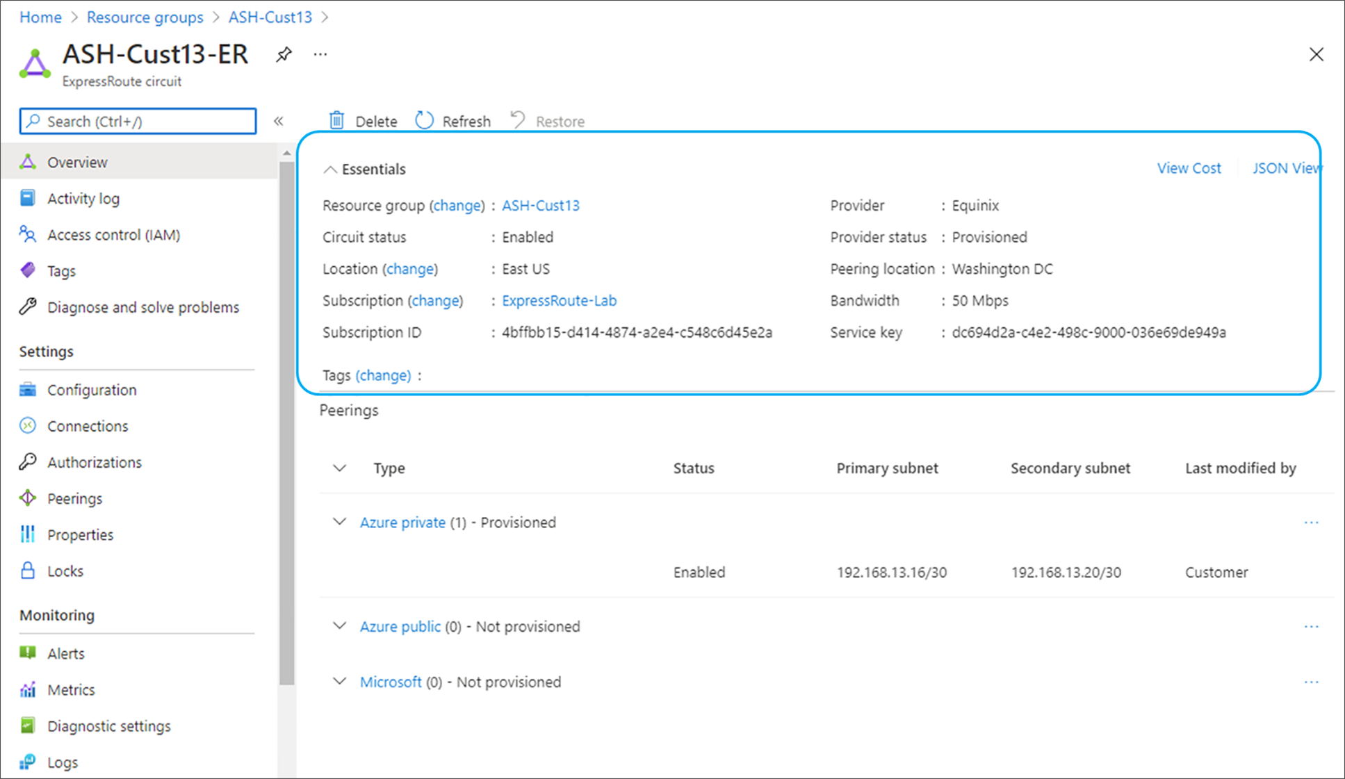 Verify ExpressRoute Circuit Status in Azure Portal Snapshot (ER Service Provider Model)