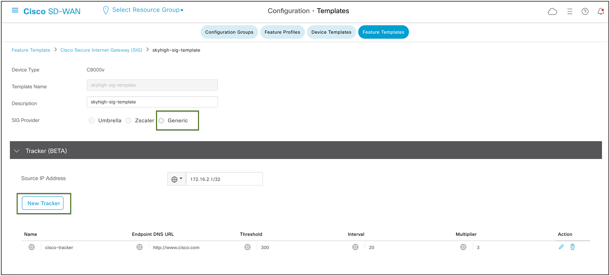 Catalyst SD-WAN Tracker Configuration in SIG Template