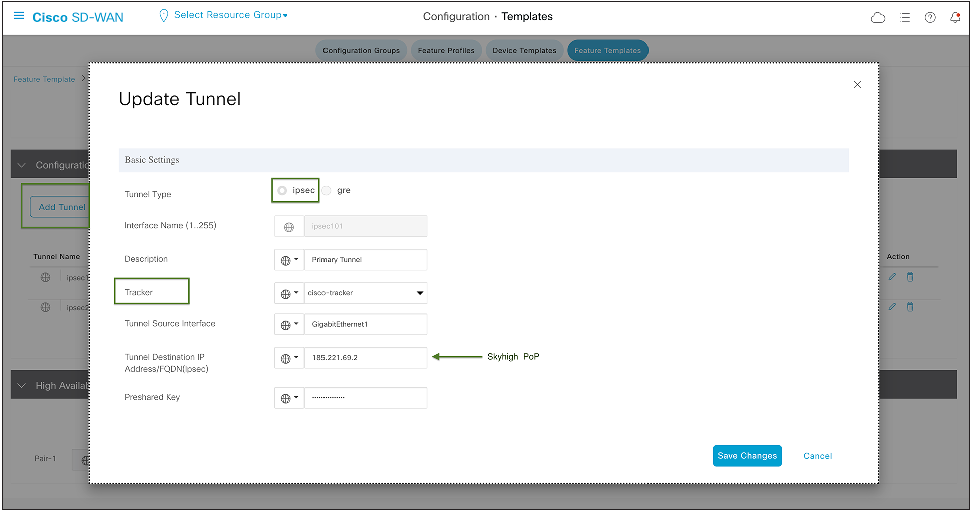 Catalyst SD-WAN IPsec Tunnel Configuration in SIG Template