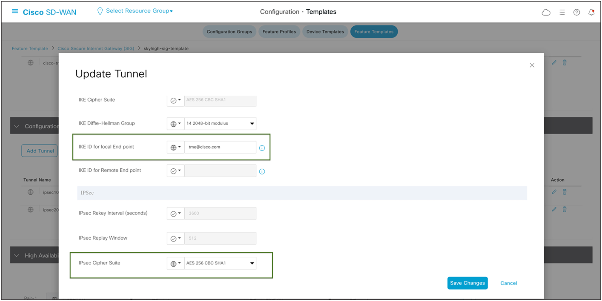 Catalyst SD-WAN IPsec Tunnel Advanced Options Configuration