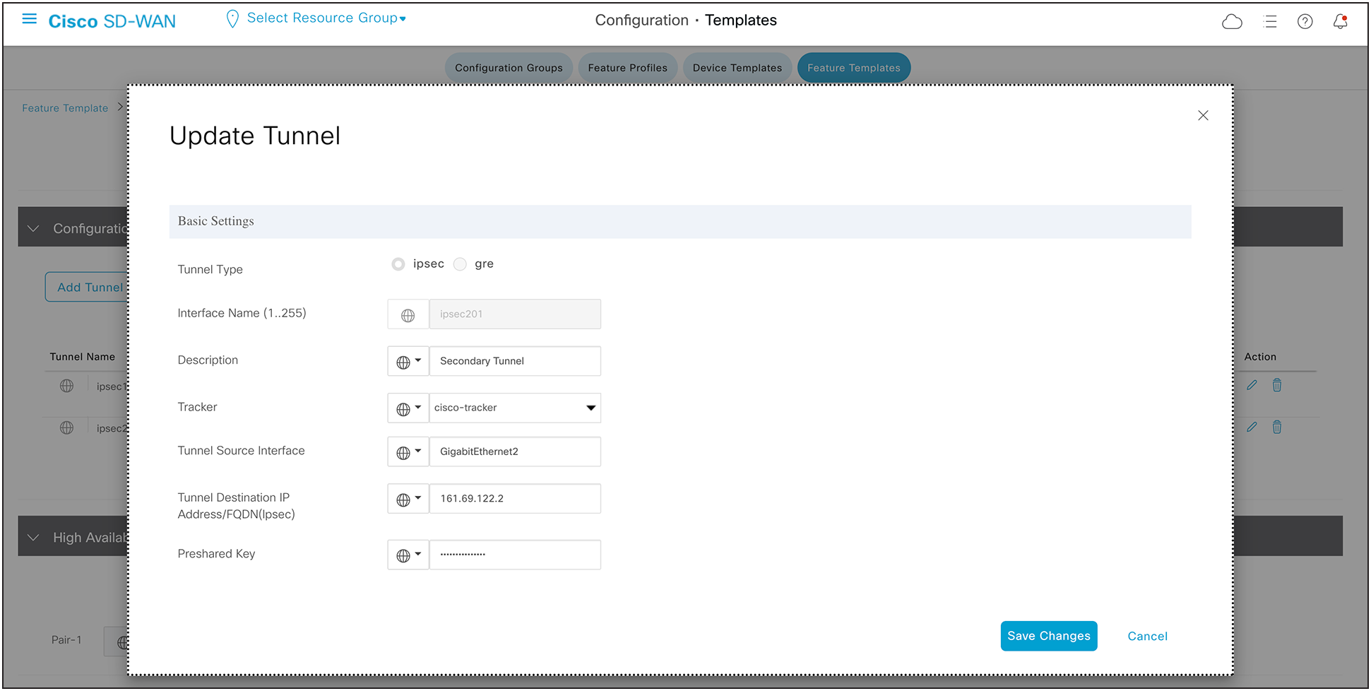 Catalyst SD-WAN IPsec Tunnel Configuration for Backup Tunnel