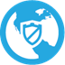 A blue and white logo with a shield on the earthDescription automatically generated