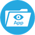 A blue circle with a white and blue logo with a eye and a folderDescription automatically generated