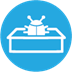 A blue circle with a white bug on top of a boxDescription automatically generated