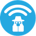 A blue circle with a white logo and a wifi symbolDescription automatically generated