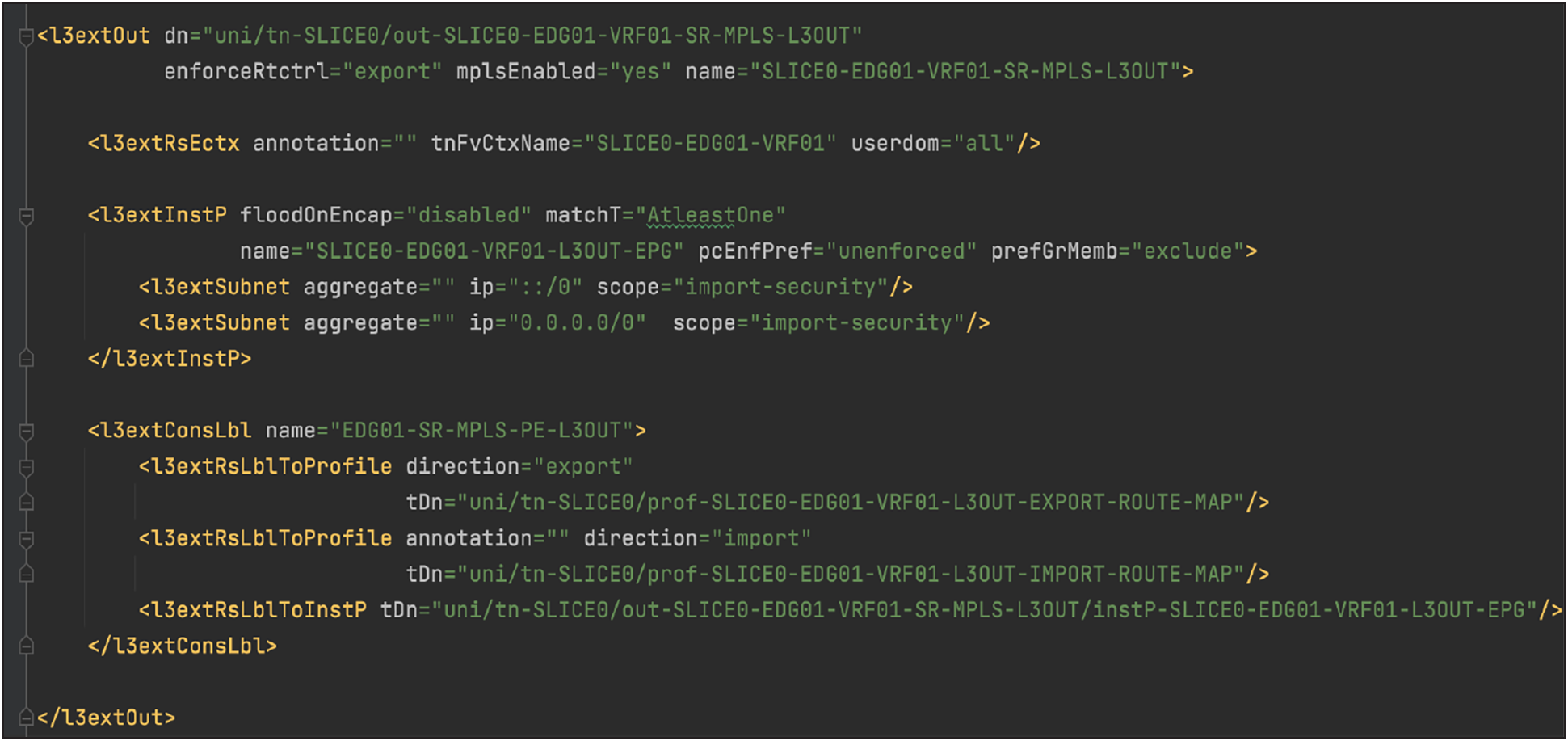 XML Payload for SR-MPLS VRF L3OUT definition