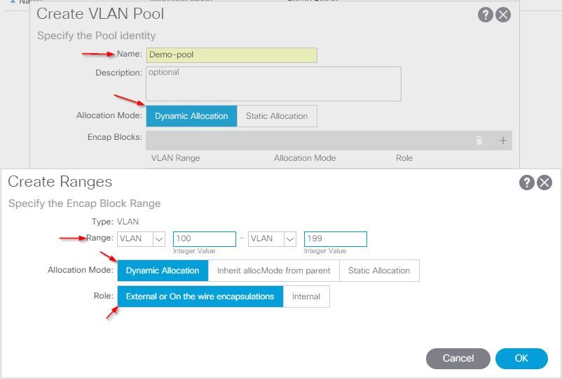 VMM domain integration with ACI and UCS B Series - Enter VLAN Pool name and configure Encap Block Range