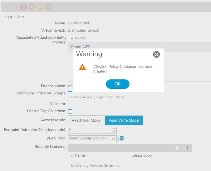 VMM domain integration with ACI and UCS B Series - VSwitch Policy Container warning