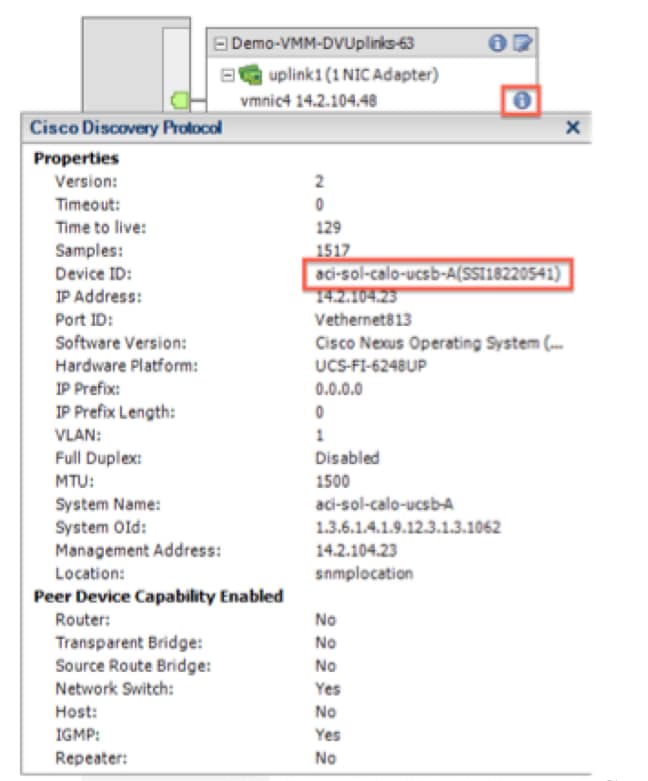 VMM domain integration with ACI and UCS B Series - Verify that the vNICs see CDP information from the Fabric Interconnect