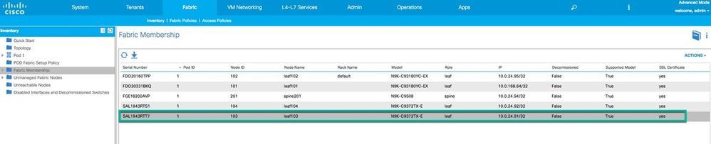 Verify the Old Switch via APIC GUI Fabric