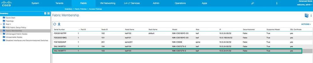 Verifica dello switch precedente tramite l'interfaccia grafica APIC