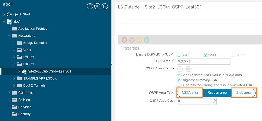 NSSA o configuración de área Stub