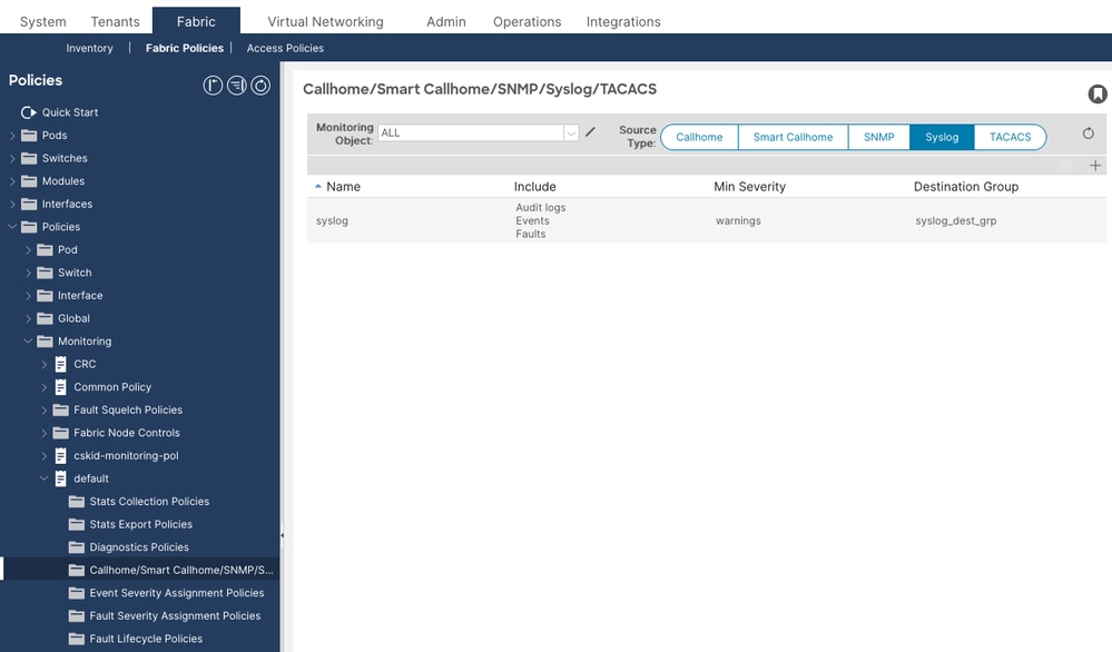 create a syslog source under the fabric monitoring policy