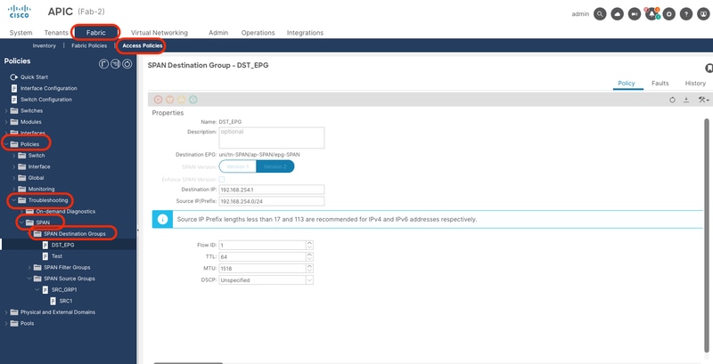 Image 3: Configuration of an access ERSPAN destination group