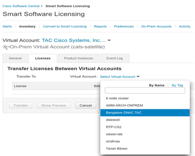 Select License Tab and choose Target Virtual Account