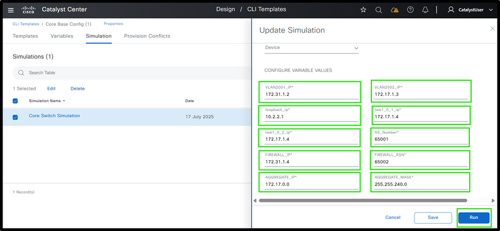 (1) Core Switch Template Simulation Inputs and Outputs