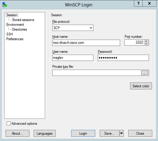 How to use WinSCP to extract RCA from Cisco DNA Center - Choose SCP as the file protocol and select port number 2222