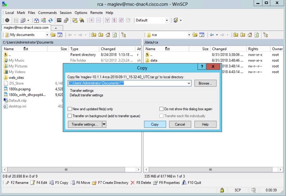 How to Use WinSCP to Extract RCA from Catalyst Center - Copy the RCA File to your Local Computer