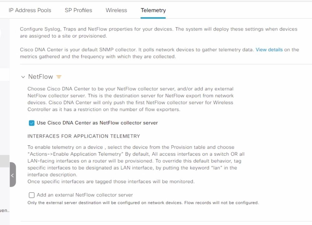 Cisco DNA Center Netflow Collector Settings