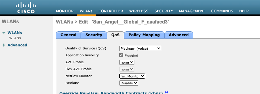 WLC GUI Netflow Config Quality of Service Options