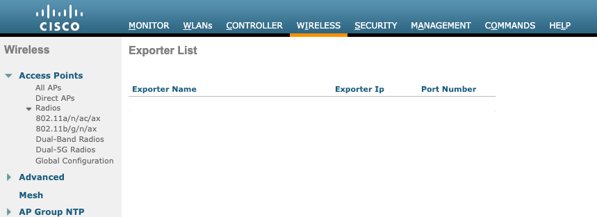 WLC GUI Netflow Config Exporter List Empty