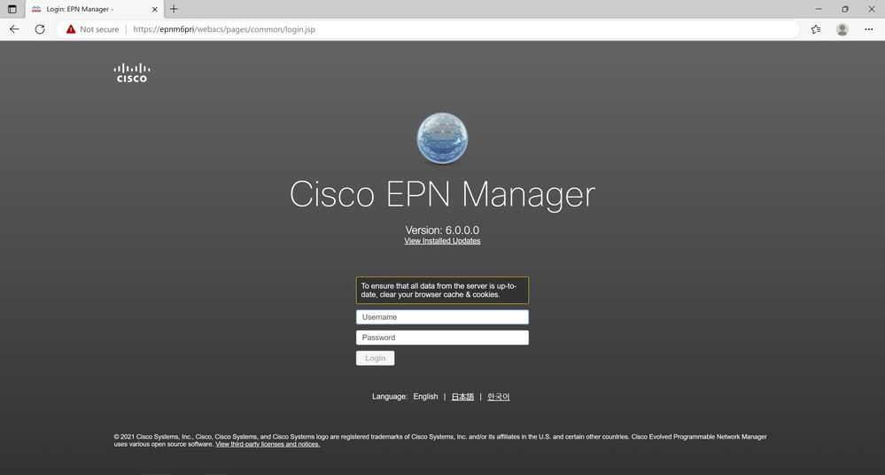 Fig 3.6 Login page shows new EPNM 6.0 Version