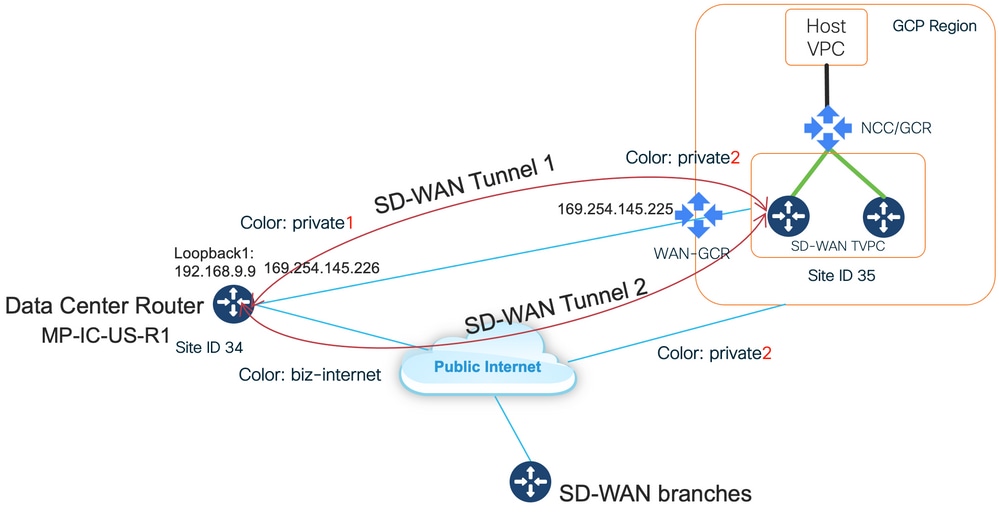 Topology with IP Addresses and SD-WAN Transport Interface Colors to Connect DC to Cloud with Interconnect and Public Internet