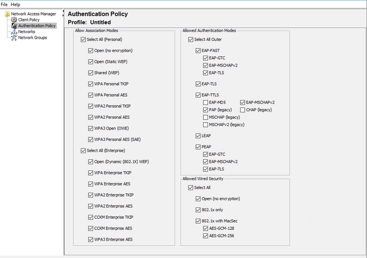 NAM Profile Editor Authentication Policy