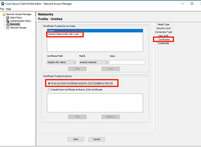 Network Profile Certificate Section