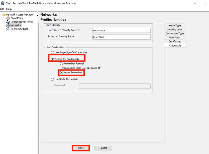 Network Profile Credentials Section