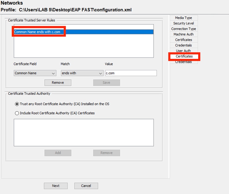 User Auth Server Certificate Trust Section