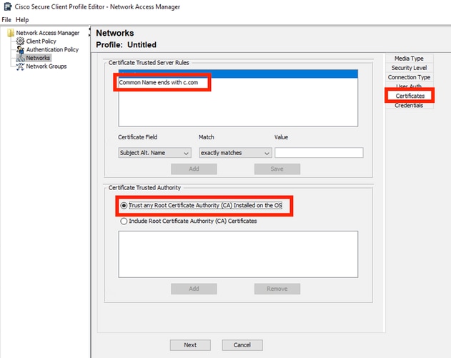 User Auth Server Certificate Trust Settings