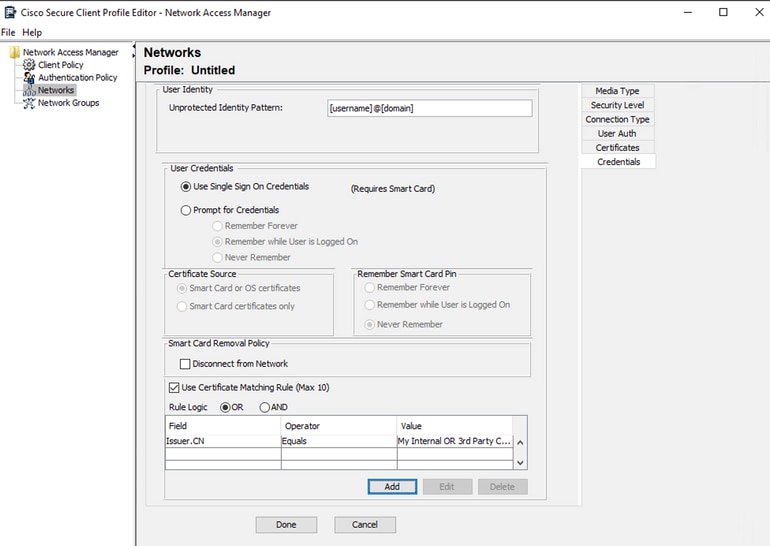 User Auth Certificate Credentials Section