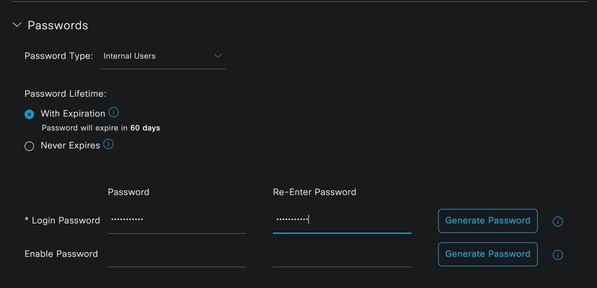 User Creation Password Section