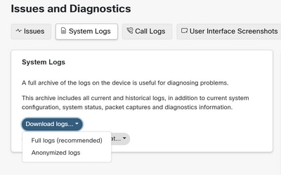 Menu Logs do sistema; Fazer download de logs