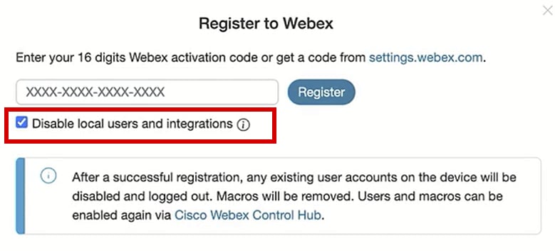 Register to Webex pop-up from endpoint GUI