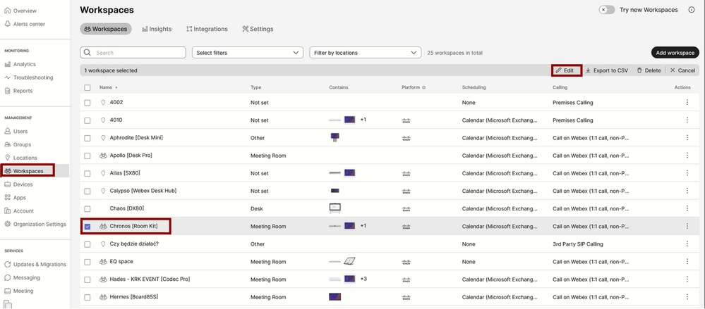 Workspaces section in Contol Hub