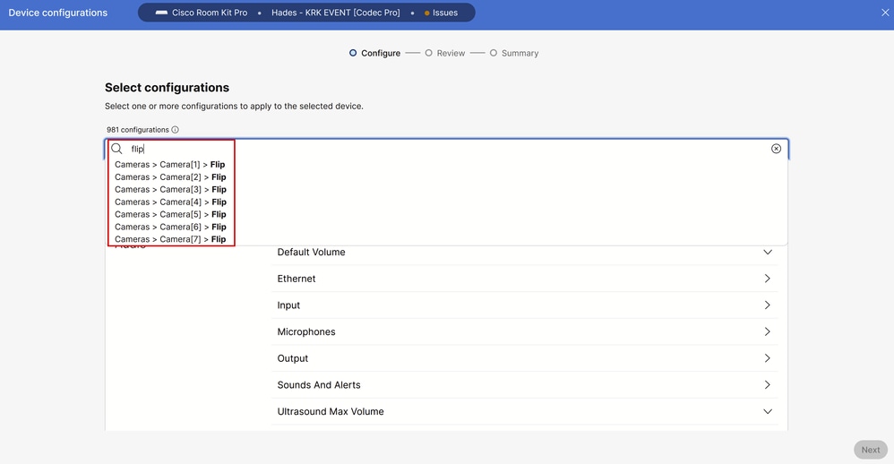 Individual Device Configurations menu in Control Hub