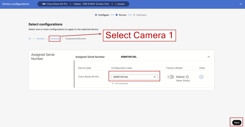 Cameras Camera [n] AssignedSerialNumber Configuration in Control Hub