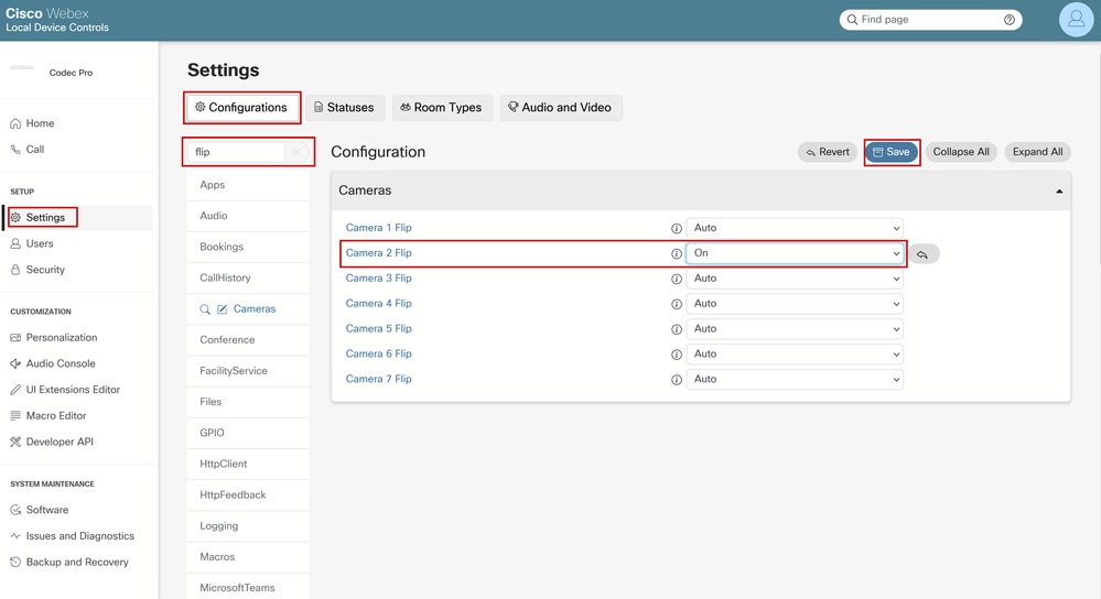 Cameras Camera [n] Flip Configuration in Endpoint GUI