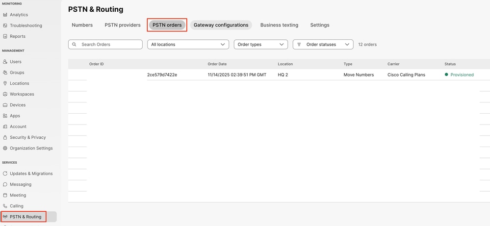 PSTN orders tab in Control Hub.