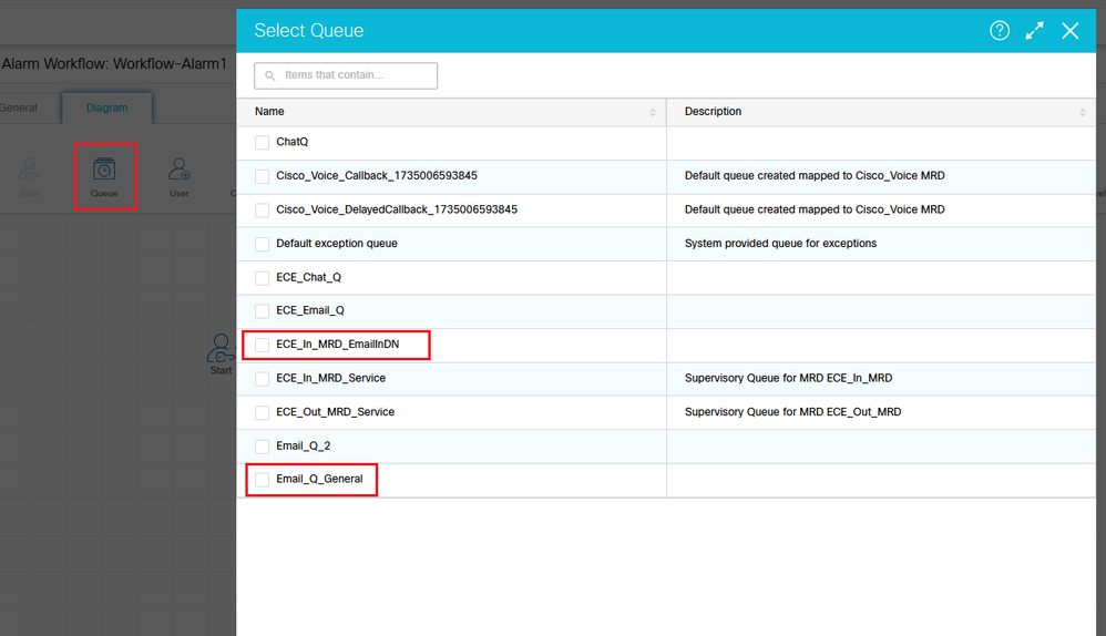 Figure 5a: Select Queue node and in the Queue Dialog Box, select the Queue